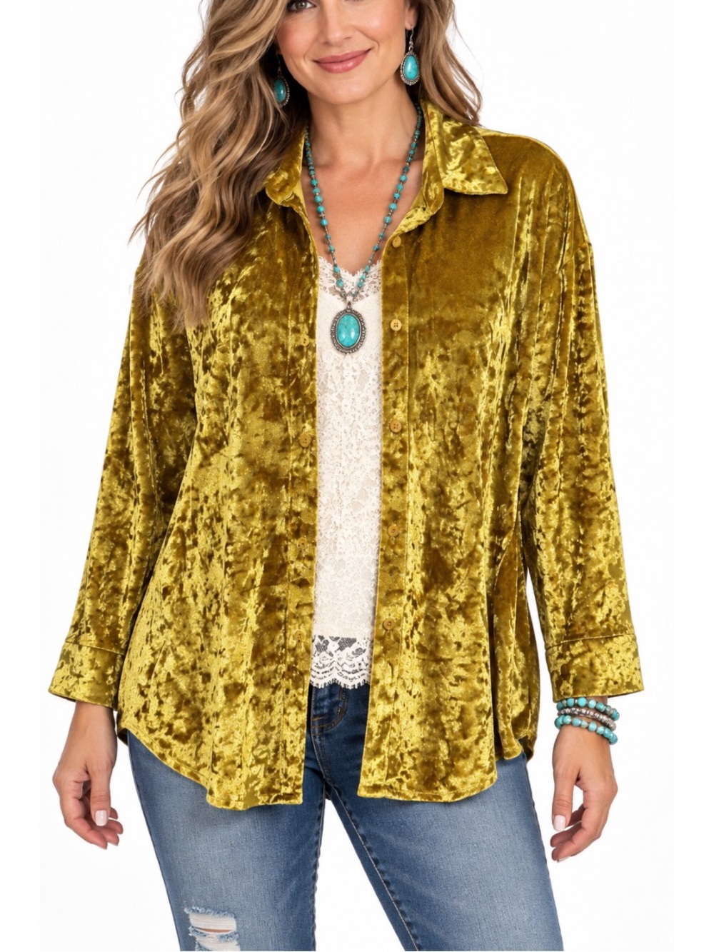 Southern Grace Mustard-gold crushed velvet button-front blouse